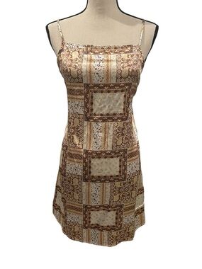 Square-Neck Patchwork Slip Dress - Cream & Brown